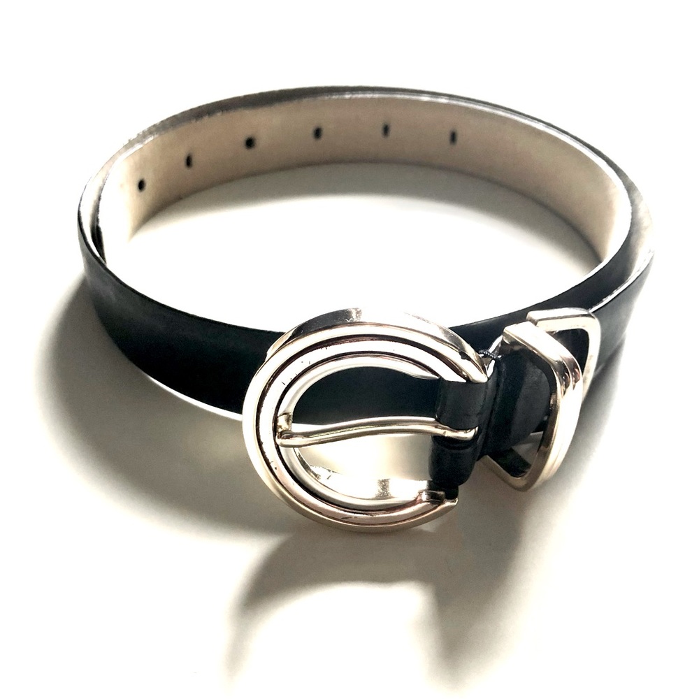 Small Liz Claiborne Black Leather Belt with Chrome/Silver-tone Buckle